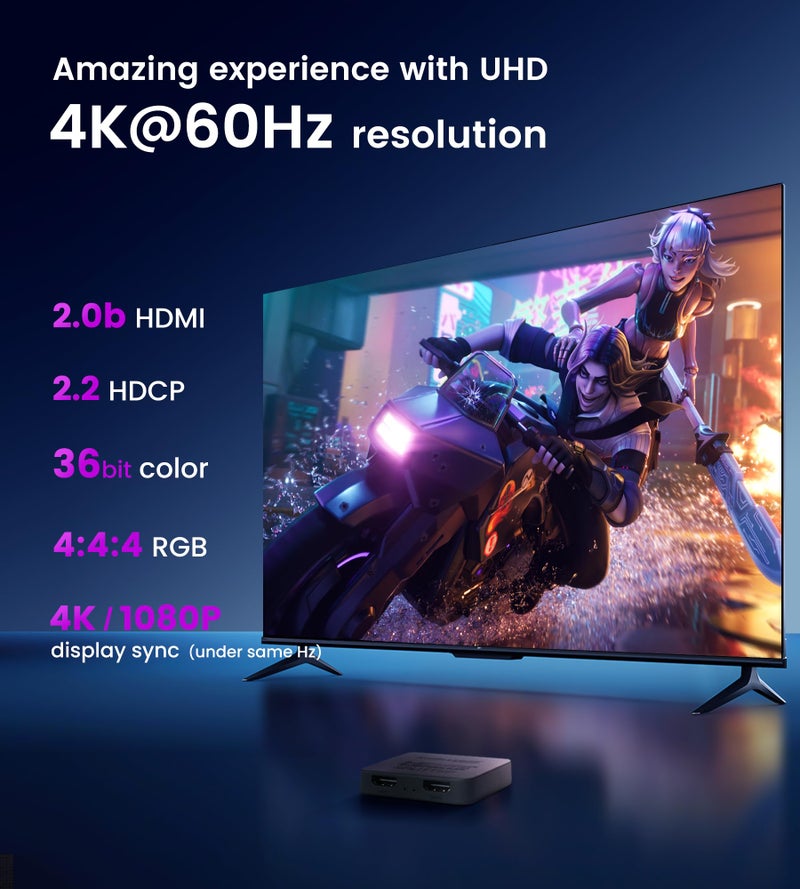 avedio links HDMI Splitter 4K@60Hz, HDMI Splitter 1 in 2 Out-Not Extended Display(Only Mirror Screens), Support 3D Dol-by Vision Atmos HDMI2.0b, HDCP2.2, 18.5Gbps, Auto Downscaling, Full HD 1080P - Image 5